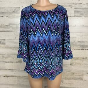 Bob Mackie Wearable Art Blouse Women's Size Medium Purple Blue, White Black Top